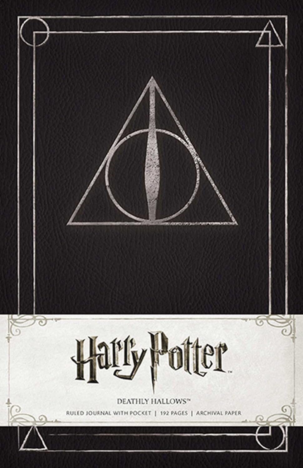 A high-quality Harry Potter Deathly Hallows Hardcover Ruled Journal featuring the Deathly Hallows symbol centered on a black background, framed by ornate white borders that include the title and journal details. Published by Warner Bros. Consumer Products Inc. (Author)