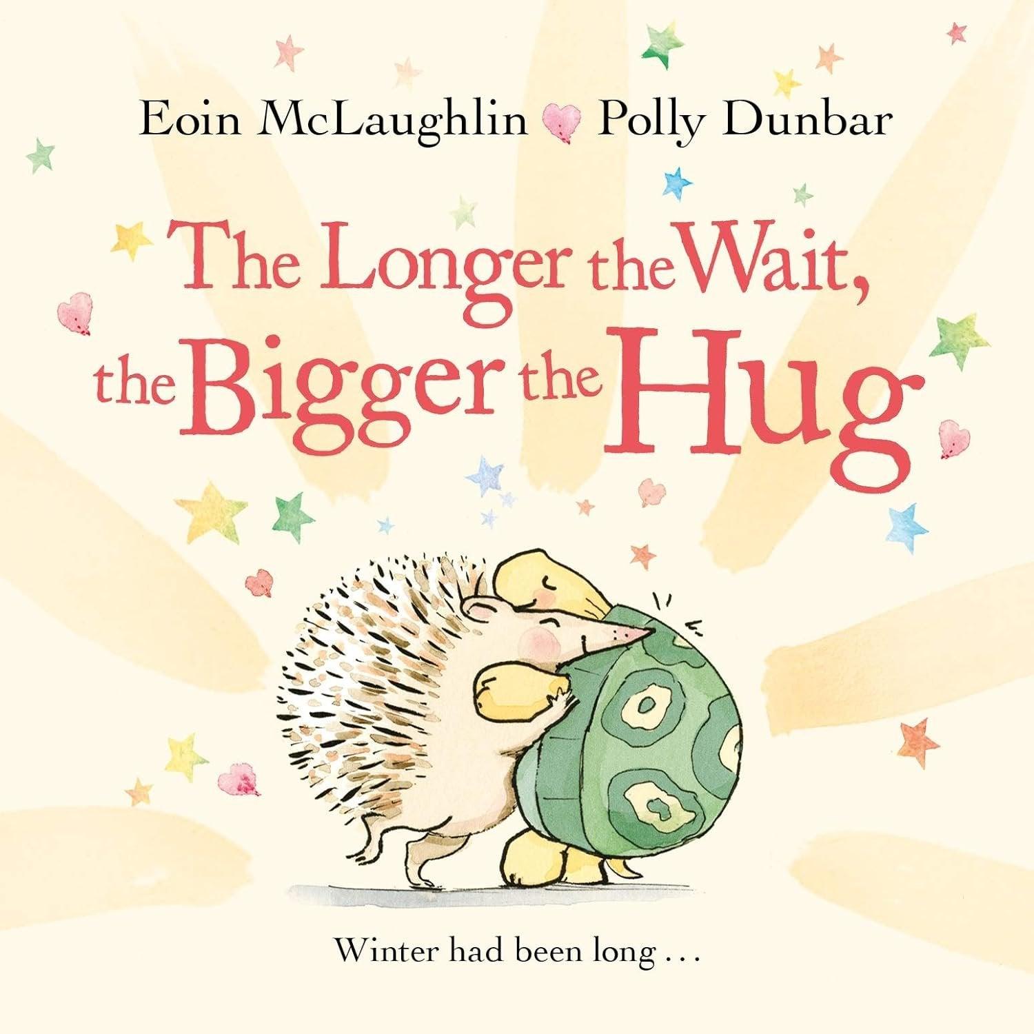 Illustration of a book cover displaying socially distanced characters, a hedgehog and a tortoise, titled "The Longer the Wait, the Bigger the Hug: Mini Gift Edition (Hedgehog & Friends)" by Eoin McLaughlin (Author) and Polly