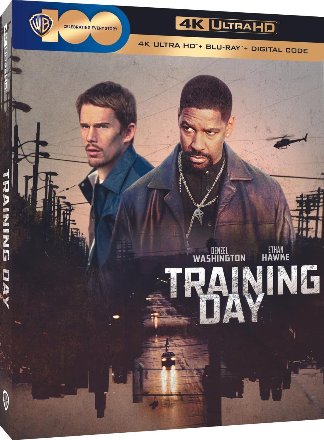 4k ultra hd blu-ray cover of the film "Training Day" featuring Denzel Washington and Ethan Hawke as undercover narcotics officers with a cityscape background. The Warner Bros logo is visible at the bottom.
Product Name: Training Day (4K Ultra HD + Blu-ray + Digital) [4K UHD]
Brand Name: Warner Bros