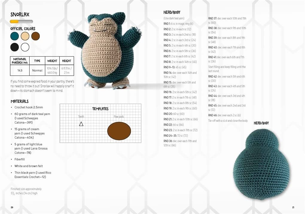 Crochet pattern for a Snorlax doll, featuring instructions and diagrams on two pages. The left side shows the finished Snorlax doll and materials needed, while the right side displays detailed
instructions.
PokeMon Crochet Pikachu Kit by Sabrina Somers (Author)