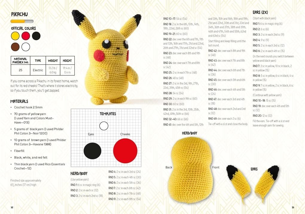 An instructional page from the PokeMon Crochet Pikachu Kit by Sabrina Somers showing steps to make a Pikachu doll. It contains patterns, thread color samples, tools needed, and part of a finished yellow Pikachu crochet figure on the left.