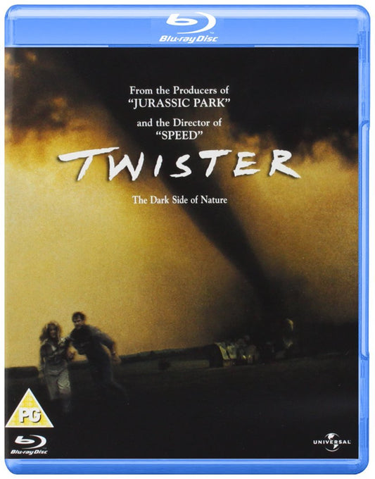 Blu-ray cover for the movie "Twister" showing an F5 tornado in the background with two scientists running from it, under a dark stormy sky. The text reads "Twister [Blu-ray] - Format: Blu-ray".