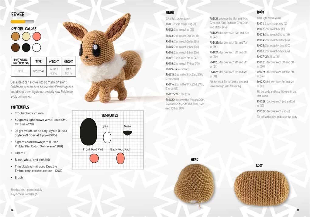 Image shows a crochet pattern for a PokeMon Crochet Pikachu Kit doll by Sabrina Somers. Detailed instructions and material list on the left, and visual parts layout including colors and stitch types on the right.
