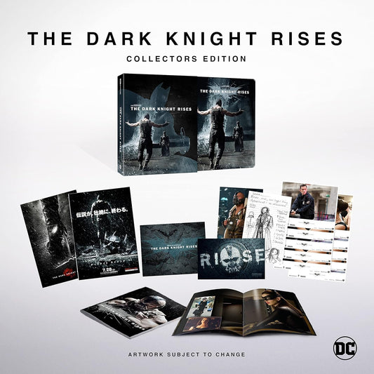 A promotional display for "The Dark Knight Rises" Ultimate Collector's Edition with Poster and Art Card featuring the movie logo, DVD cases, and artwork including film scenes and character images. The text notes "artwork subject to change.
