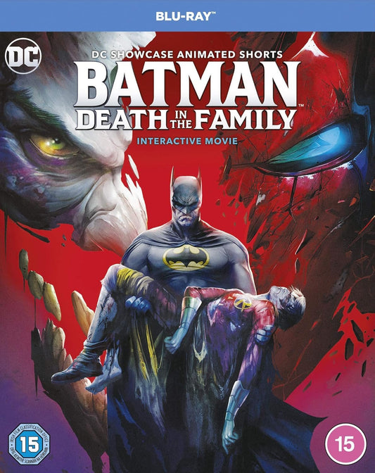 Blu-ray release cover for "Batman: Death in the Family" [Blu-ray] [2019] [Region Free], featuring intense illustrations of Batman holding Robin, with menacing faces of the Joker and Red Hood in the background.