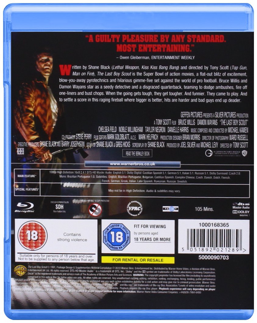The back cover of a Last Boy Scout Blu-ray case for the film "Black Lethal Weapon," an action film, includes a cinematic image, film synopsis, quotes from reviews, barcode, and age rating label.