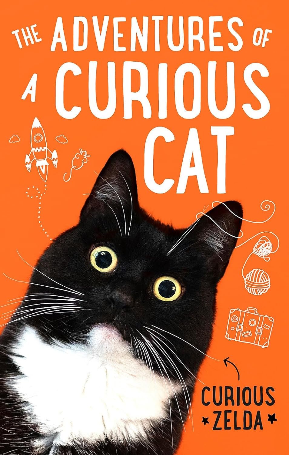 Book cover titled "The Adventures of a Curious Zelda: wit and wisdom from Curious Zelda, purrfect for cats and their humans," featuring a black cat with wide, bright eyes on an orange background, adorned with doodles such as a fish and a globe around it. By Curious Zelda.