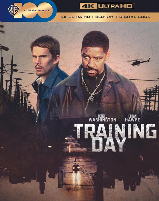 Movie poster of Training Day (4K Ultra HD + Blu-ray + Digital) [4K UHD] featuring Denzel Washington and Ethan Hawke, with dramatic city background, highlighting the 4k Ultra HD release of their undercover narcotics drama.