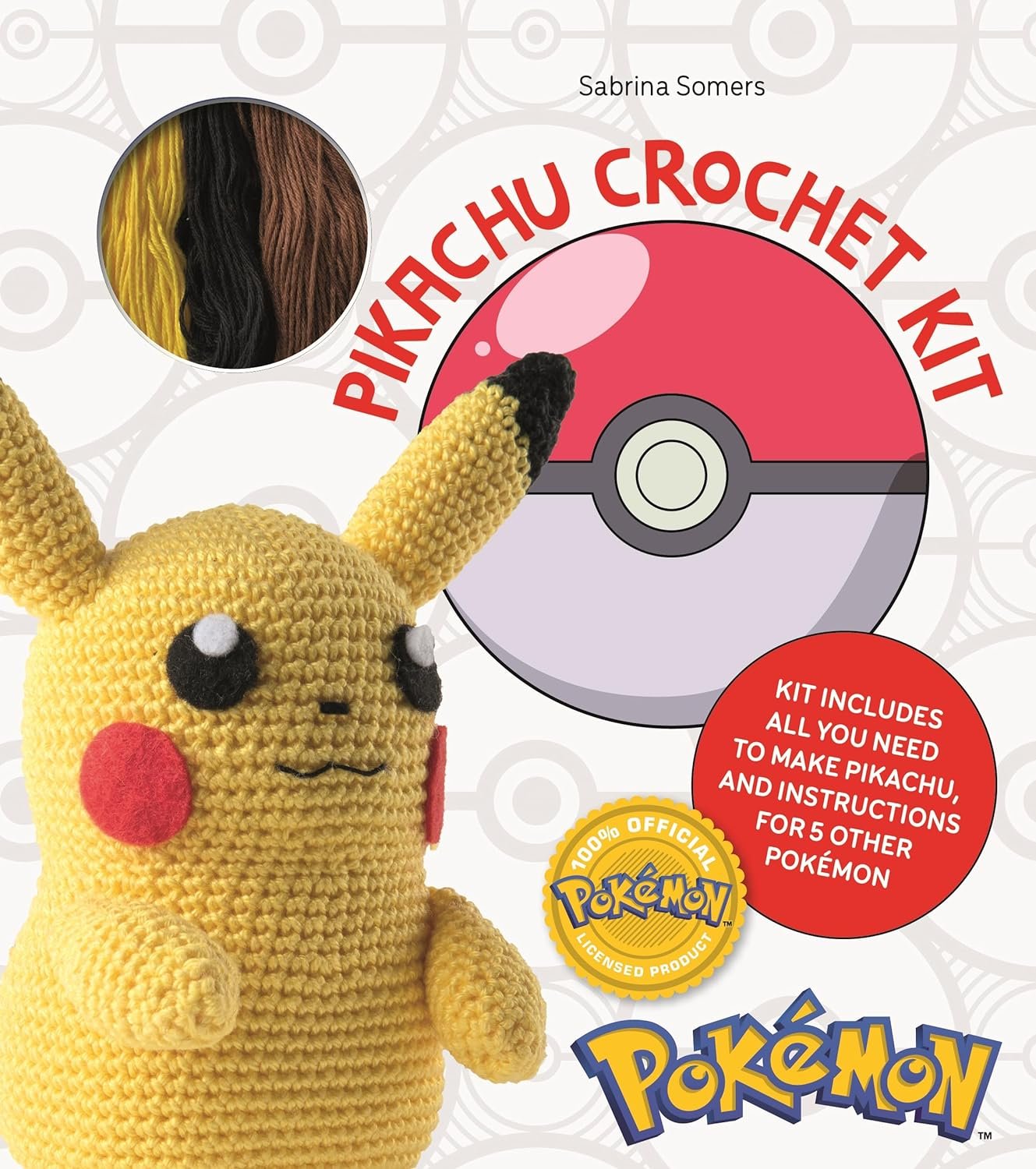 Image of a PokeMon Crochet Pikachu Kit box featuring a plush Pikachu, crochet materials, and a pokéball. The kit includes instructions and supplies for making Pikachu, endorsed by Sabrina Somers (Author).