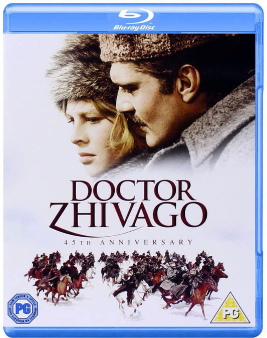 Blu-ray cover of "Doctor Zhivago," directed by David Lean, featuring a close-up of a man and woman in winter attire against a backdrop of a large group on horseback. Text