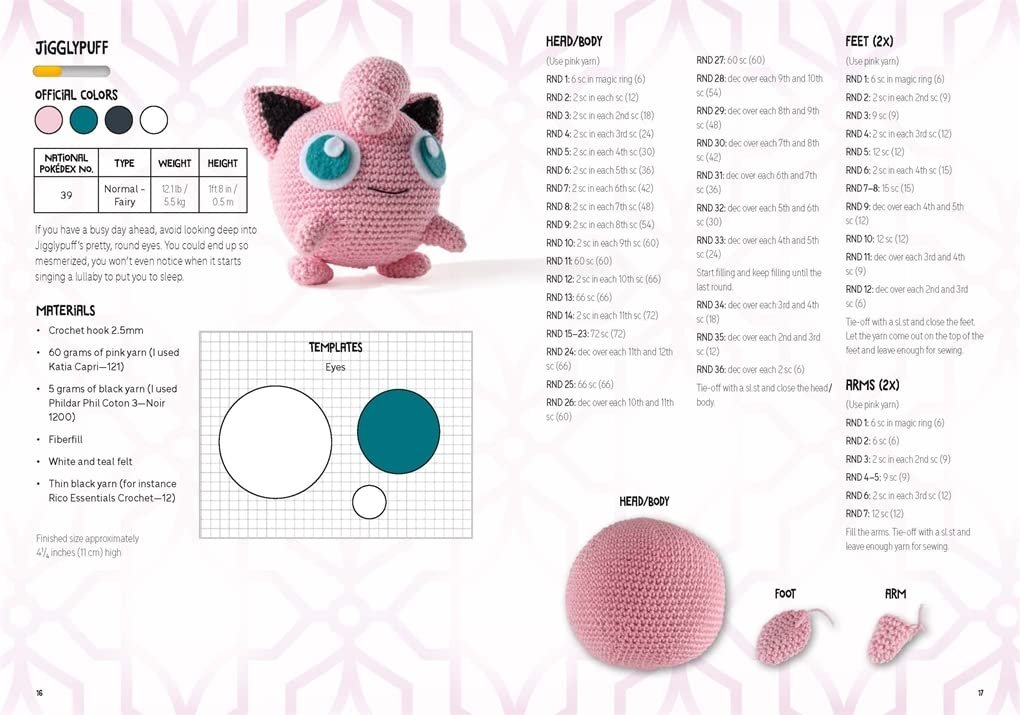 Image shows a crochet pattern guide for making a pink, Jigglypuff character toy from Pokémon using the PokeMon Crochet Pikachu Kit by Sabrina Somers. The guide includes a list of materials, crochet hook size, diagrams of crochet pieces, and step-by-step instructions.