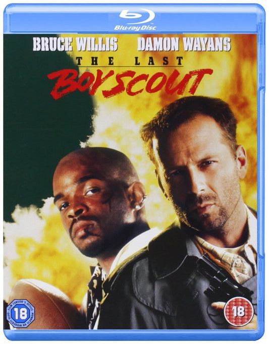 Blu-ray cover of "The Last Boy Scout" featuring Bruce Willis as Joe Hallenbeck and Damon Wayans in the foreground, with intense expressions, against a fiery backdrop. The title is displayed prominently above.