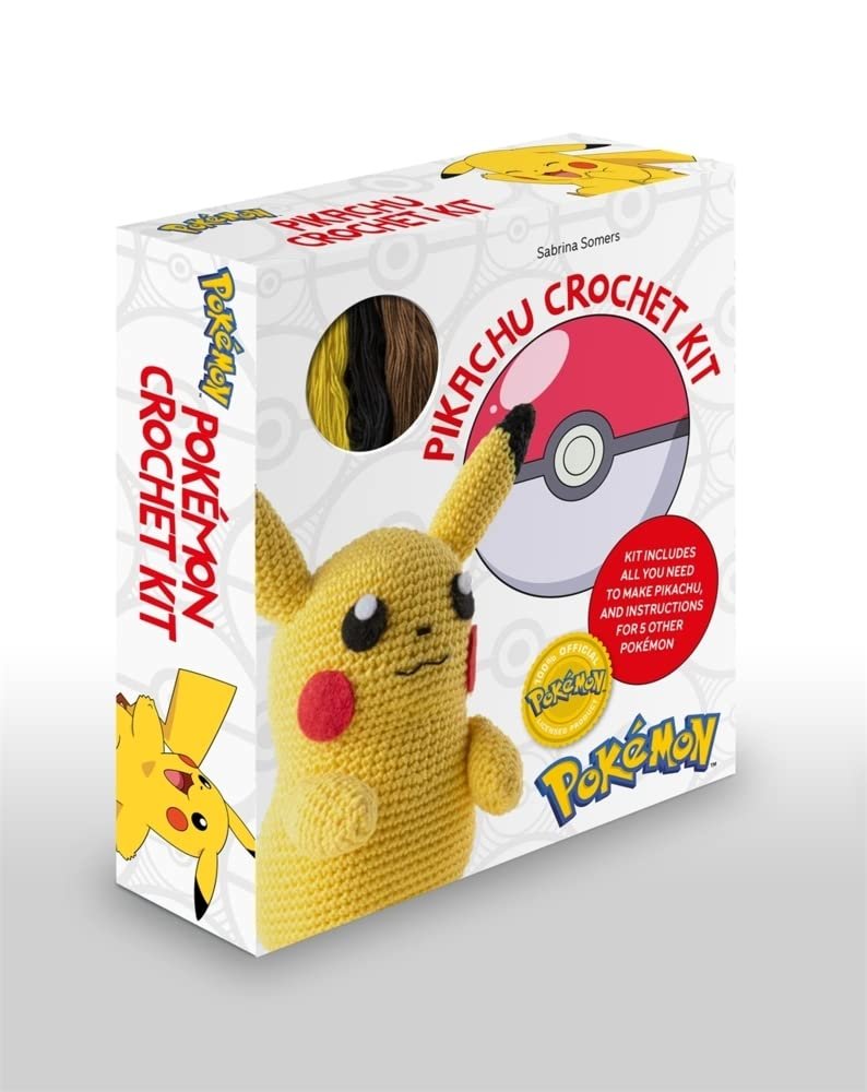 A PokeMon crochet Pikachu kit by Sabrina Somers featuring a Pikachu design. The kit includes all necessary materials and instructions to create a Pikachu figure, displayed beside the box.