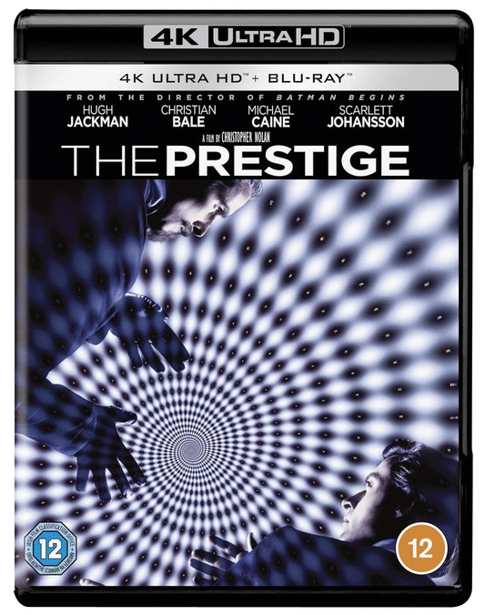 Blu-ray cover for "The Prestige," a Christopher Nolan magicians thriller, featuring Hugh Jackman and Christian Bale, with swirling blue light patterns and the movie title prominently displayed.