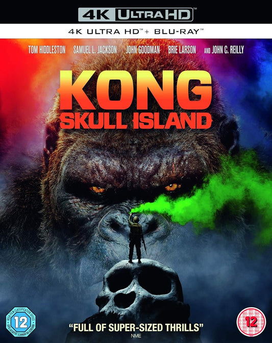 Movie poster for "Kong: Skull Island" (4K Ultra HD + Blu-ray + Digital Copy) [2017] [4K UHD] featuring a large, fearsome gorilla face with an intense gaze, set against a fiery red backdrop. Text includes actor names and film format details such as Format: Blu-ray.
