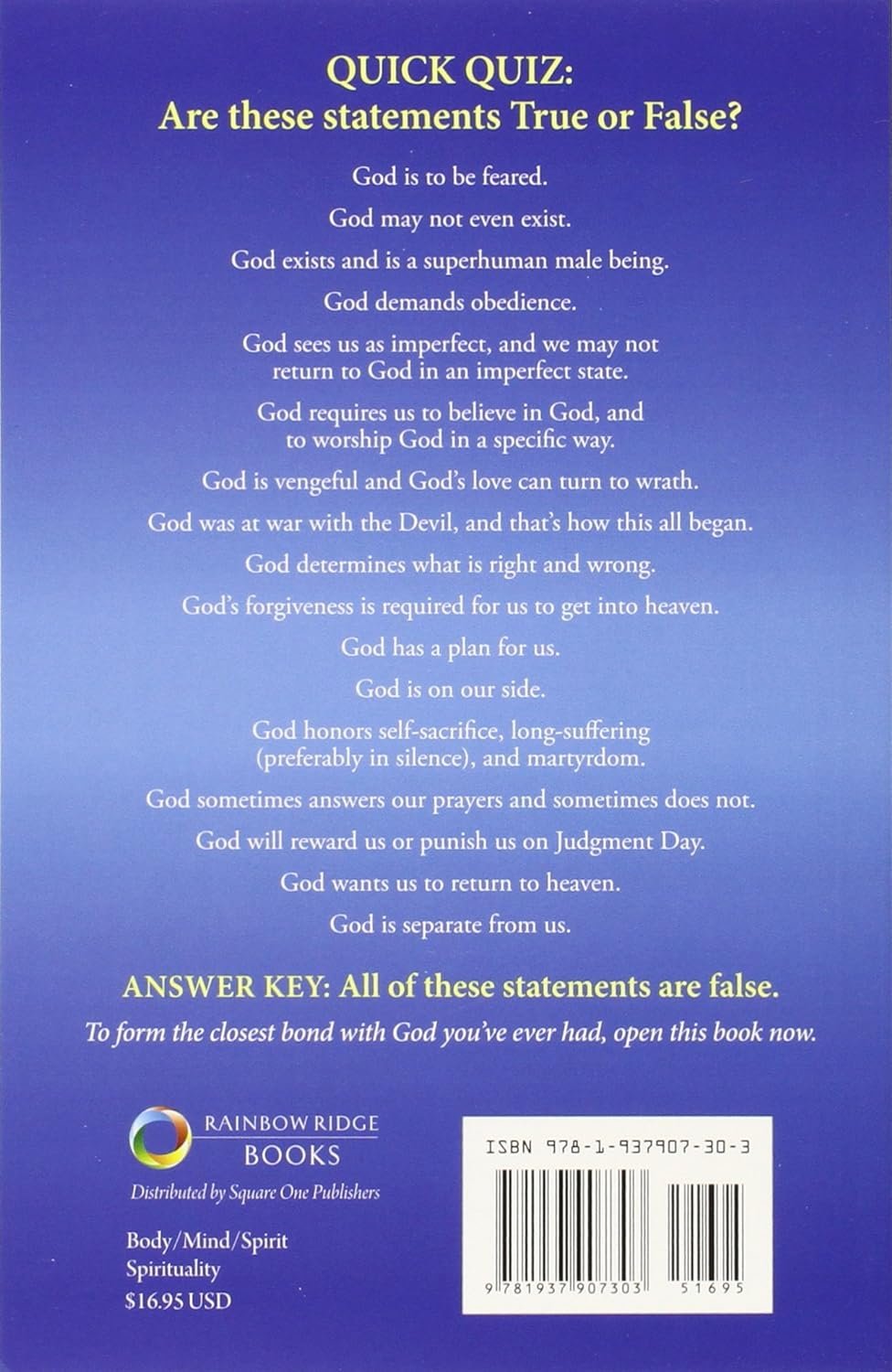 Back cover of a book titled "God's Message to the World: You've Got Me All Wrong" by Neale Donald Walsch, featuring a list of theological statements pivotal to the global spiritual revolution, with a prompt to determine their truthfulness.