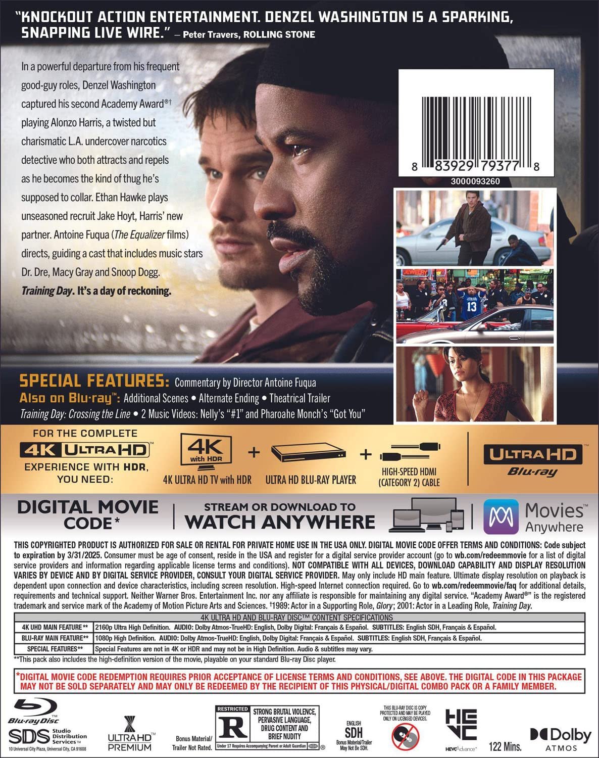 The image is the cover of the Training Day (4K Ultra HD + Blu-ray + Digital) movie titled "Knockout Action Entertainment. Denzel Washington and Ethan Hawke go undercover." It features movie scenes, actor.