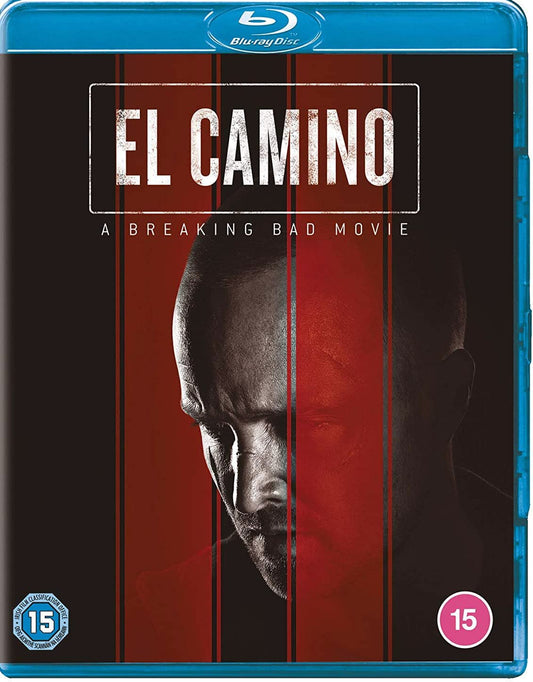 Blu-ray cover for "El Camino: A Breaking Bad Movie" featuring a split image of Jesse Pinkman's face half in light, half in shadow, with the movie title and age rating [Aaron Paul, Jesse Plemons, Vince Gilligan]