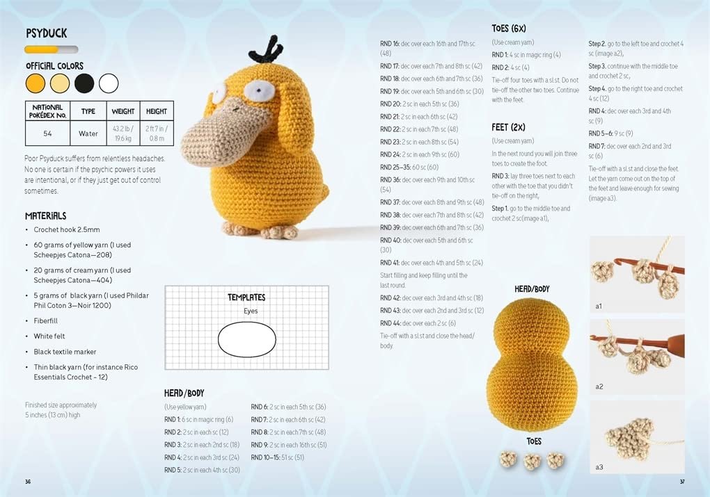 Image of a crochet pattern guide for a toy depicting a PokeMon Crochet Pikachu. The page includes yarn specifics, crochet hook size, gauge details, and Pokémon crochet patterns described in steps, accompanied by illustrations by Sabrina Somers (Author).