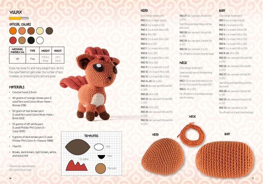 Image showing a crocheted teddy bear in red and brown colors, alongside yarn color samples, PokeMon Crochet Pikachu Kit patterns for various body parts, and material requirements listed in orderly fashion by Sabrina Somers (Author).