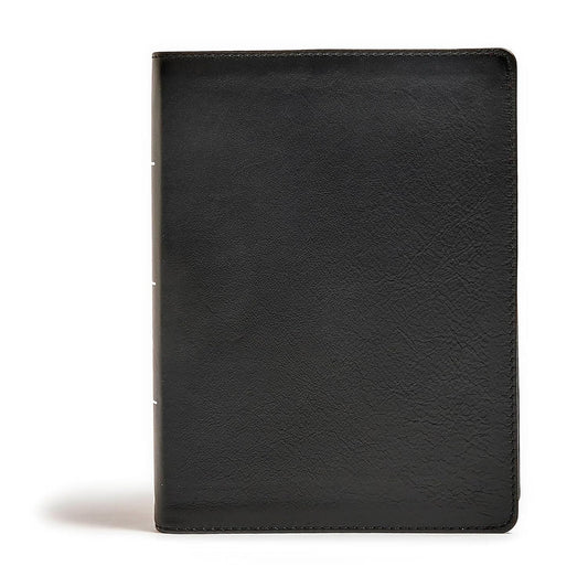 A black genuine leather CSB Tony Evans Study Bible cover by Tony Evans, isolated on a white background, showing a textured surface and visible stitching along the edges.