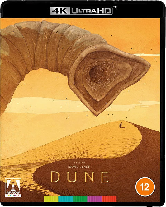 Cover art for the Dune [4k UHD] Blu-ray release directed by David Lynch, featuring an abstract desert landscape and a large, spiraling structure reminiscent of a seashore.