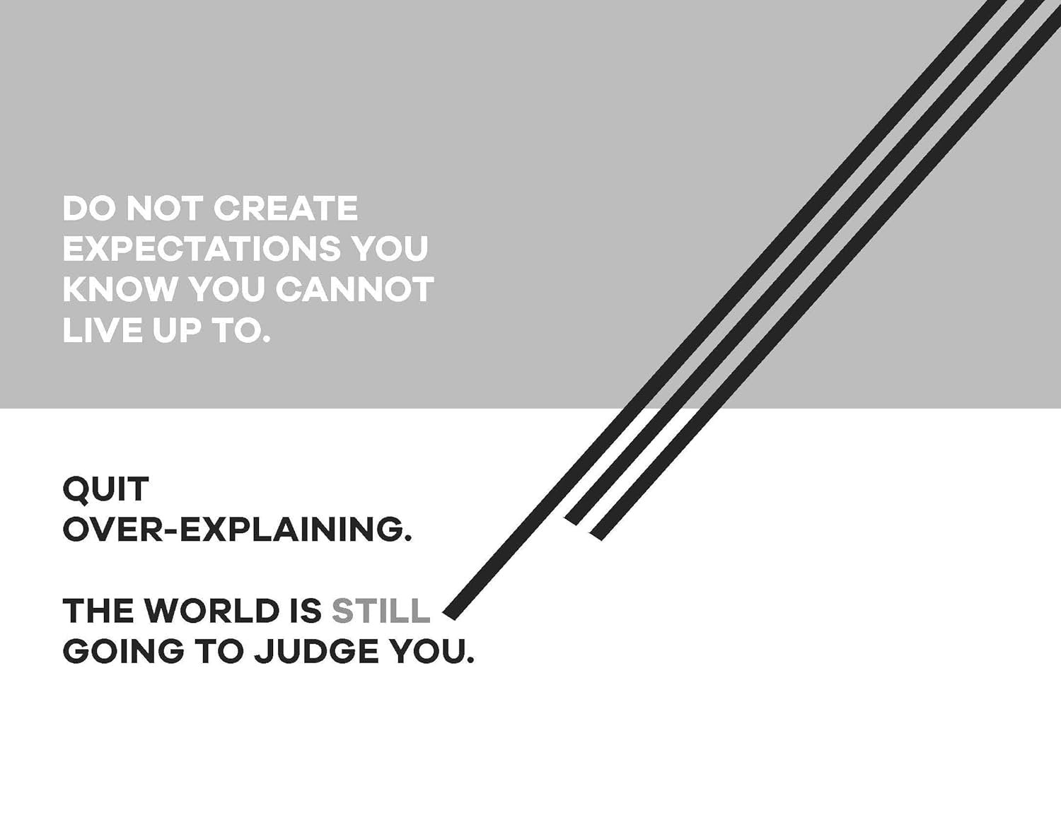 This image features a minimalist black and white design with text excerpted from Chidera Eggerue's self-help journal "What a Time to Journal: Work Out Why You Are Already Enough" by Chidera Eggerue (Author) that reads: "do not create expectations you