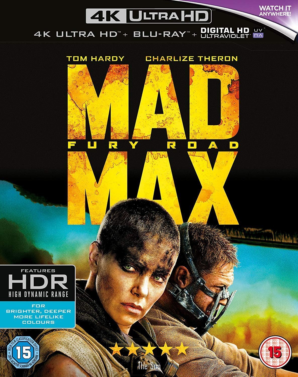 Poster for "Mad Max: Fury Road" featuring intense close-ups of Charlize Theron and Tom Hardy, with the title in large, distressed yellow letters. Age rating and logos for Mad Max: Fury Road (4K Ultra HD Blu-ray) [4K UHD] Rated: Unrated Format: Blu-ray