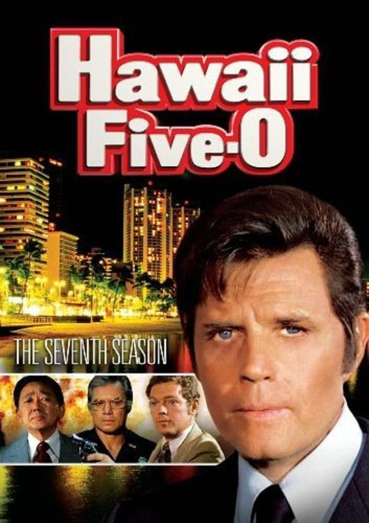 Promotional poster for "Lord, Jack and MacArthur, James: Hawaii Five-O: Season 7" featuring a large image of Steve McGarrett in the foreground and smaller images of four supporting characters, with a colorful cityscape.