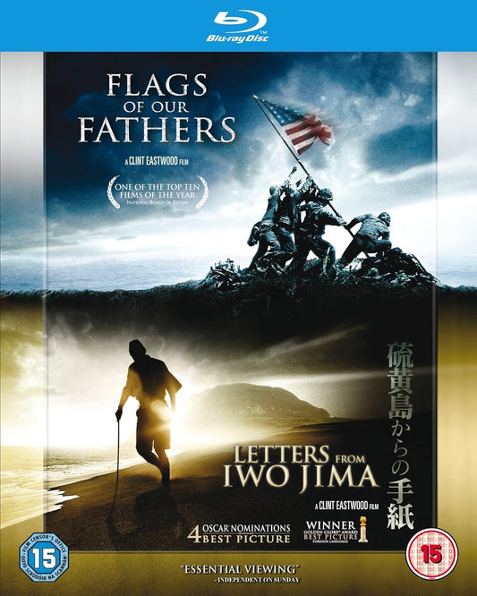 Blu-ray disc cover of "Flags of Our Fathers / Letters From Iwo Jima Region-Free" directed by Clint Eastwood, featuring a silhouette of Iwo Jima's iconic flag-raising scene in the background and a soldier in the foreground.