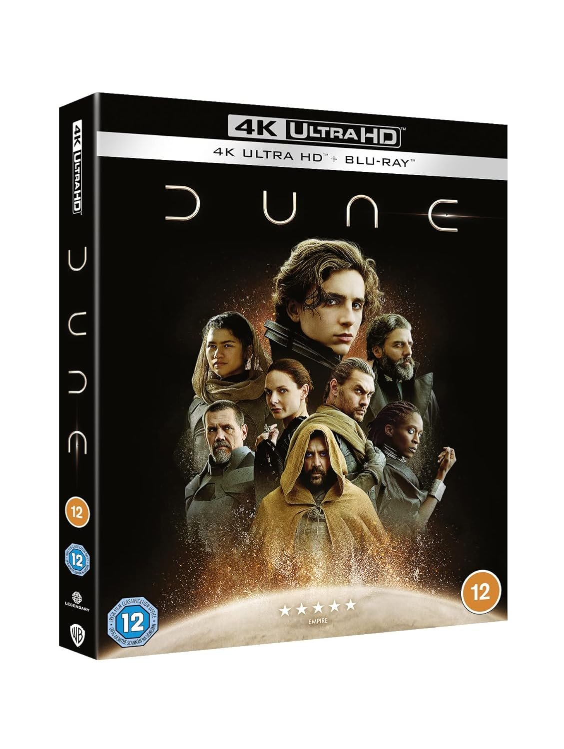 A Dune [4K Ultra-HD] [Blu-ray] [2021] [Region Free] [4K UHD] box set of the movie "Dune," featuring a collage of main characters including Paul Atreides with a desert and cosmic backdrop, encased in a Format: Blu-ray.