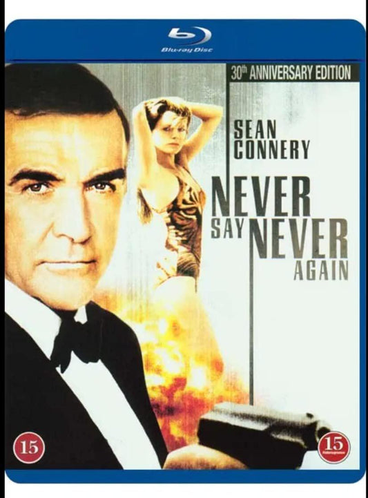 Region-Free Blu-ray cover for "Never Say Never Again" featuring Sean Connery holding a gun, with a woman in a swimsuit in the background, marking the 30th Anniversary Edition.