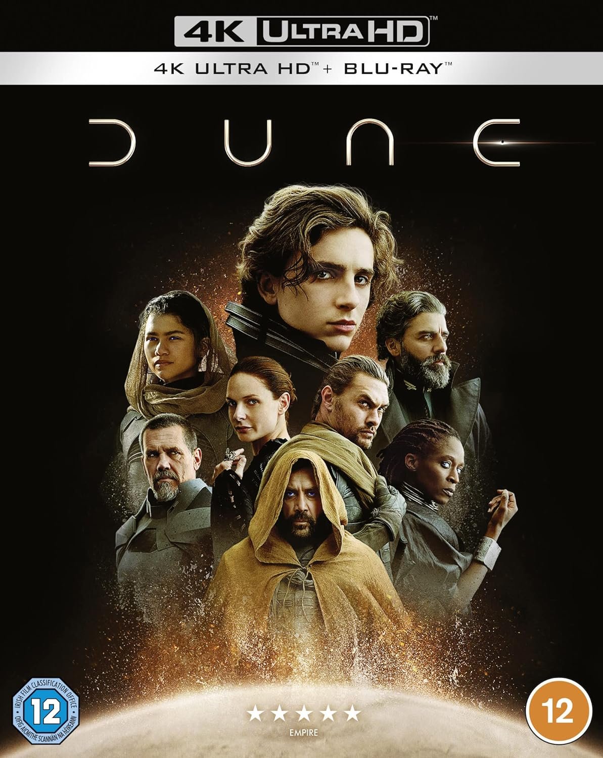 Cover of the "Dune" 4K Ultra HD Blu-ray Format: Blu-ray featuring a montage of key characters, including Paul Atreides, from the film set against a cosmic backdrop, with the title prominently