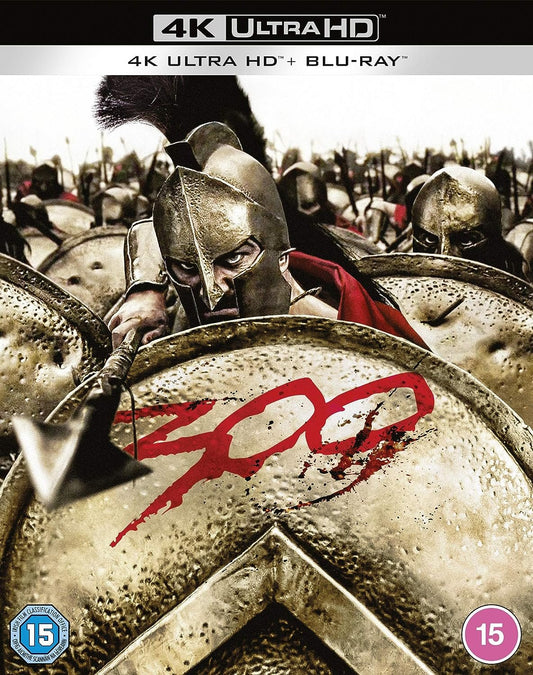 Cover of the "300 4K Ultra HD Blu-ray" movie, featuring a Spartan warrior with a helmet and Spartan armor in a battle scene, with the number 300 in red across the center