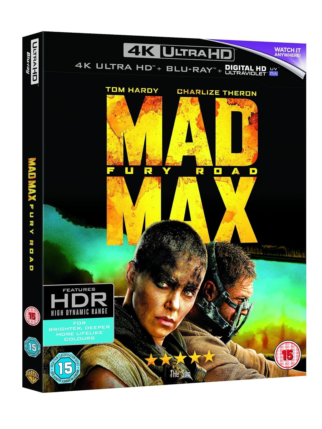 Box cover for the Mad Max: Fury Road (4K Ultra HD Blu-ray) [4K UHD] film, featuring images of Tom Hardy and Charlize Theron with the desolate wasteland background.