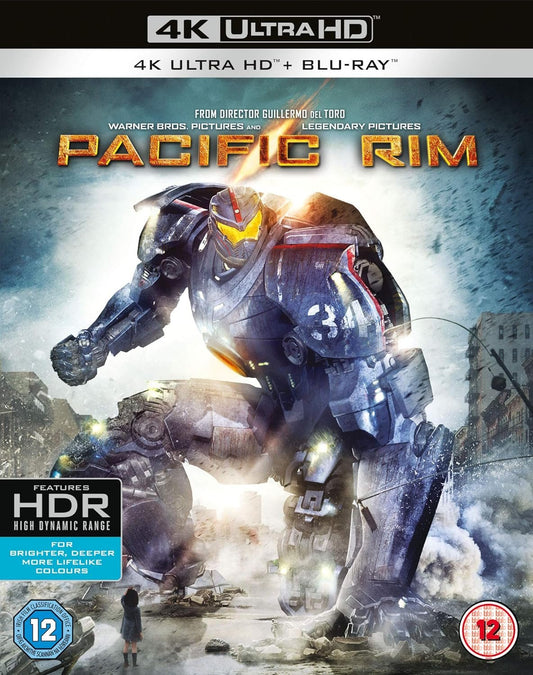 Movie cover for Pacific Rim (4K Ultra HD Blu-ray) [Includes Digital Download] [2016], featuring a giant robot (Jaeger) in a combat stance amid a destroyed city background. Text highlights director Guillermo del.