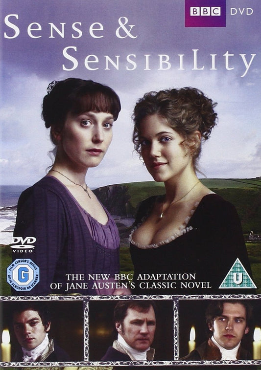 DVD cover for Format: DVD's adaptation of Jane Austen's "Sense and Sensibility," featuring two women in period costumes with a coastal landscape in the background. Insets display four other characters from the film.