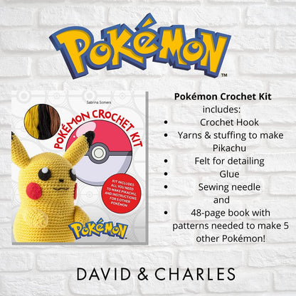 Promotional image for a PokeMon Crochet Pikachu Kit by Sabrina Somers featuring crochet Pikachu. Includes materials and a 48-page instruction book, displayed against a brick wall background.