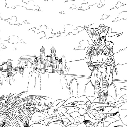 A line drawing of a fantasy scene featuring an elf holding a staff, standing in a lush landscape with a castle on a distant cliff under a cloudy sky, inspired by The Official Horizon Zero Dawn Coloring Book by Titan Comics (Editor), Ann Maulina (Illustrator).