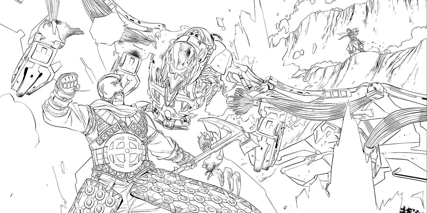 A detailed coloring book illustration showing an intense battle scene from the video game Horizon Zero Dawn with a main character in armored suit fighting against robotic creatures in a rocky landscape can be found in The Official Horizon Zero Dawn Coloring Book by Titan Comics (Editor), Ann Maulina (Illustrator).