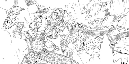 A detailed coloring book illustration showing an intense battle scene from the video game Horizon Zero Dawn with a main character in armored suit fighting against robotic creatures in a rocky landscape can be found in The Official Horizon Zero Dawn Coloring Book by Titan Comics (Editor), Ann Maulina (Illustrator).