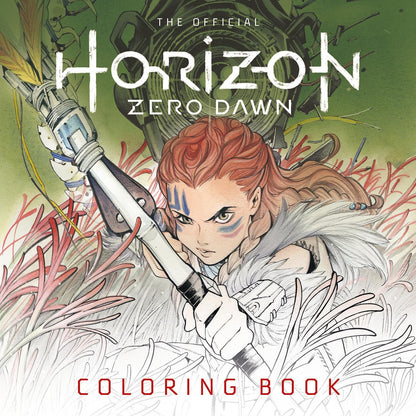 Cover of "The Official Horizon Zero Dawn Coloring Book" by Titan Comics (Editor), Ann Maulina (Illustrator) featuring Aloy, a red-haired woman, holding a bow, with a green robotic creature in the background.