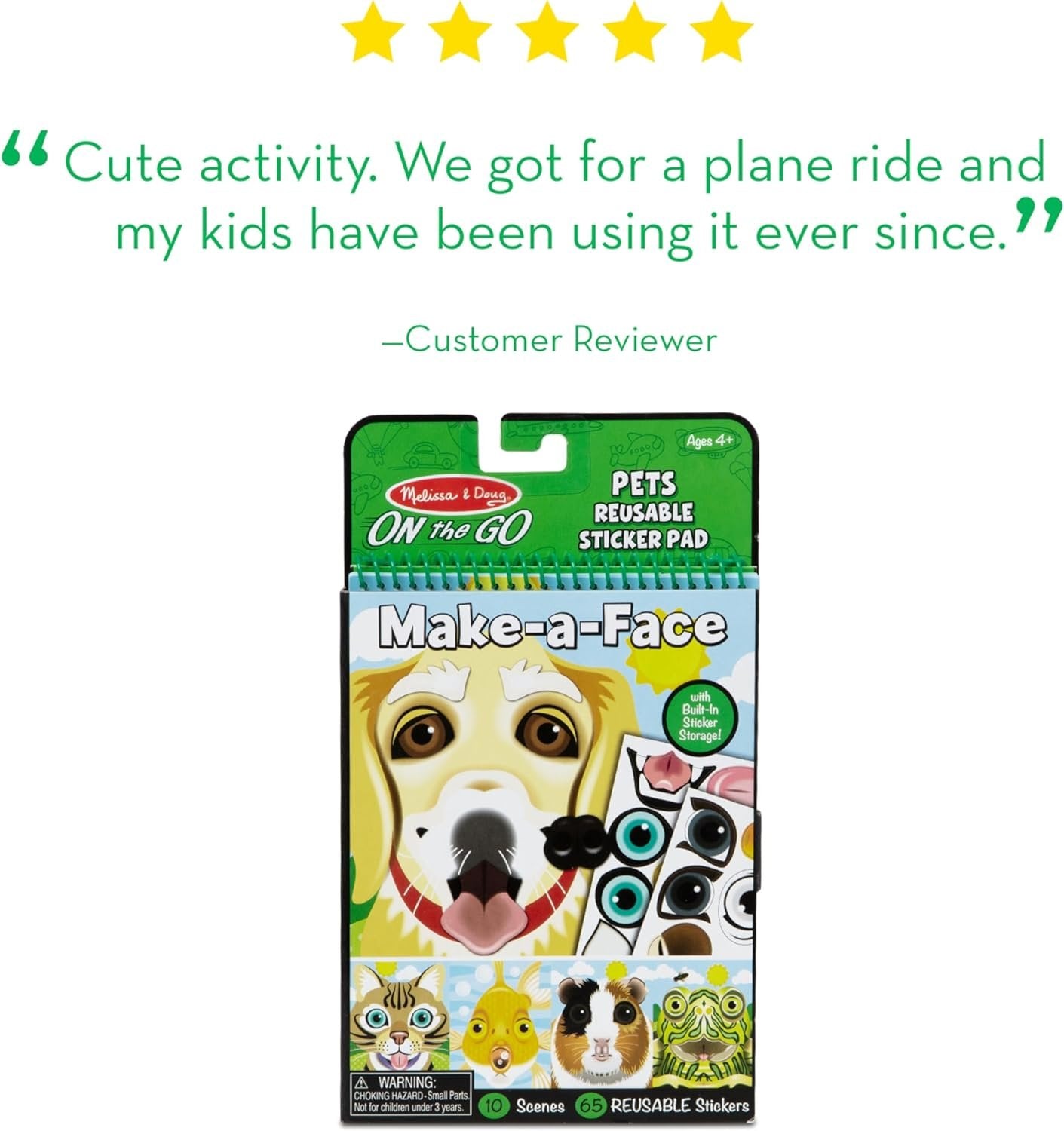 Melissa & Doug On the Go Make-a-Face Reusable Sticker Pad Travel Toy Activity Book – Pet Animals (10 Scenes, 65 Cling Stickers)