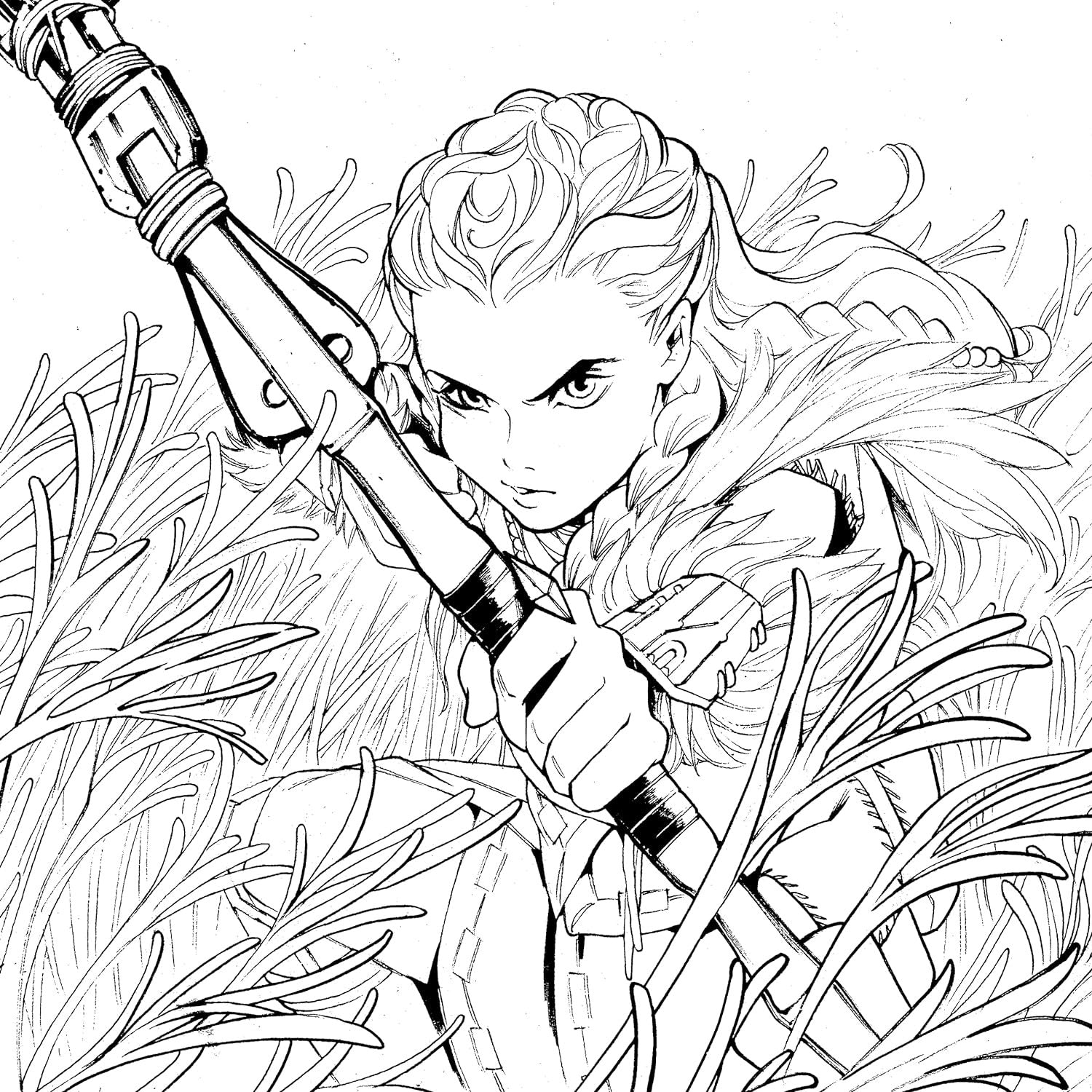 Black and white illustration of a determined woman with elaborate braided hair, wielding a spear amidst dense foliage, reminiscent of a scene from the video game The Official Horizon Zero Dawn Coloring Book by Titan Comics (Editor), Ann Maulina (Illustrator). Her intense gaze and dynamic pose suggest