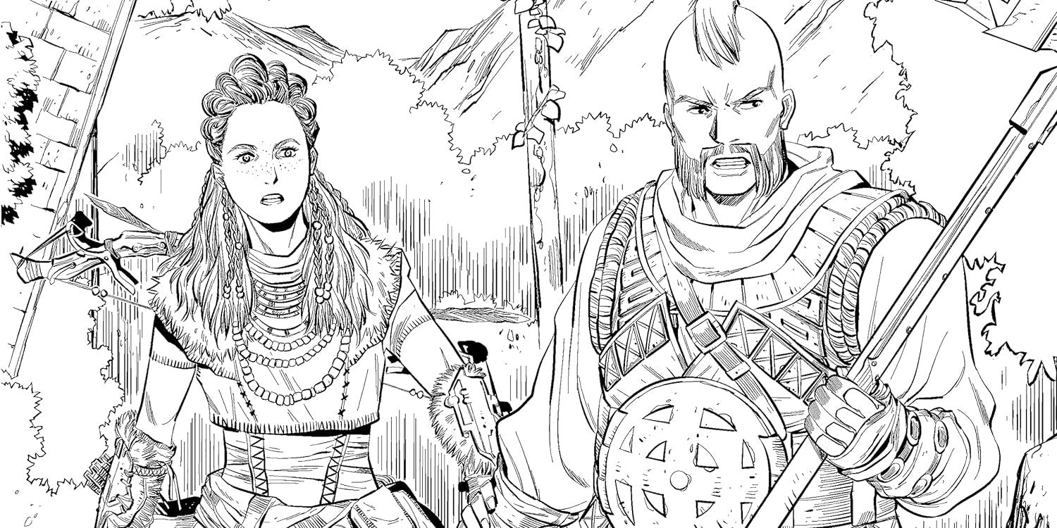 Black and white illustration suitable for The Official Horizon Zero Dawn Coloring Book, depicting two fantasy characters—a female archer and a male warrior—standing alert in a forested mountain landscape, equipped with a bow and a sword respectively by Titan Comics (Editor), Ann Maulina (Illustrator)