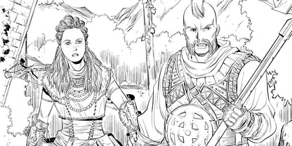 Black and white illustration suitable for The Official Horizon Zero Dawn Coloring Book, depicting two fantasy characters—a female archer and a male warrior—standing alert in a forested mountain landscape, equipped with a bow and a sword respectively by Titan Comics (Editor), Ann Maulina (Illustrator)