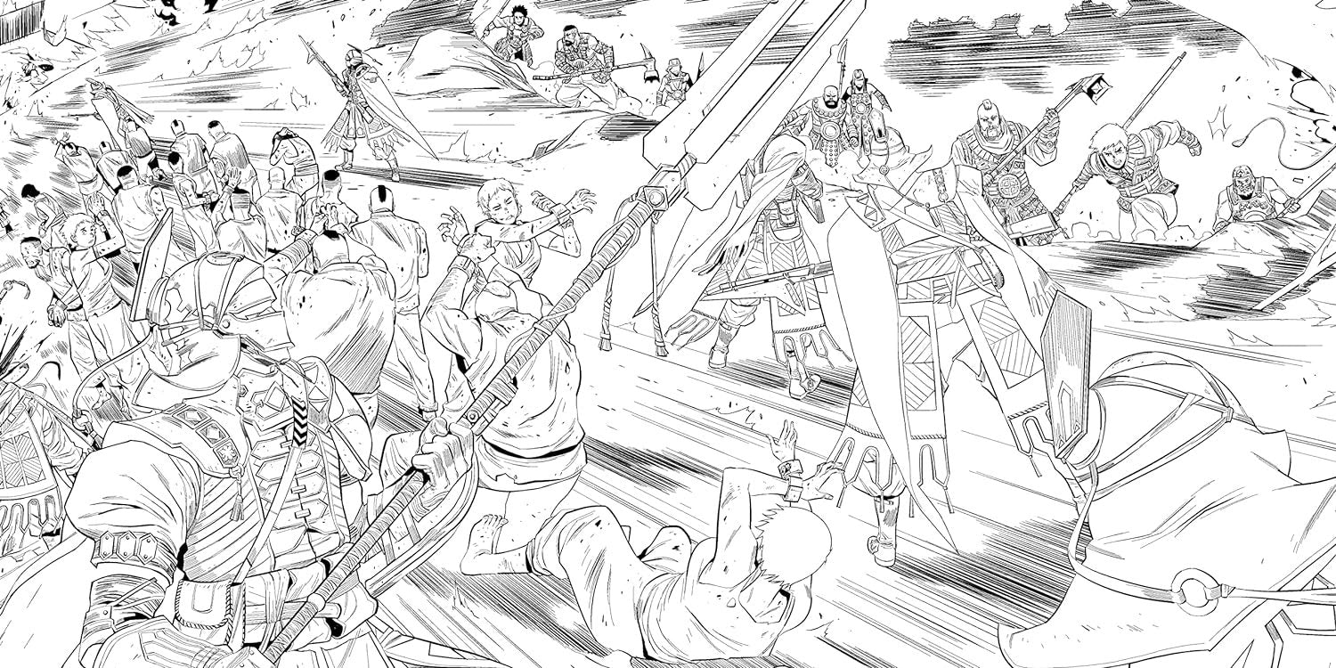 A detailed coloring book illustration of a medieval battle scene with knights in armor, wielding swords and spears, engaged in combat on a chaotic battlefield from The Official Horizon Zero Dawn Coloring Book by Titan Comics (Editor), Ann Maulina (Illustrator).